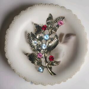 Vintage Sterling Silver Multicolor Rhinestone Brooch Leaves Branch Leaf Signed